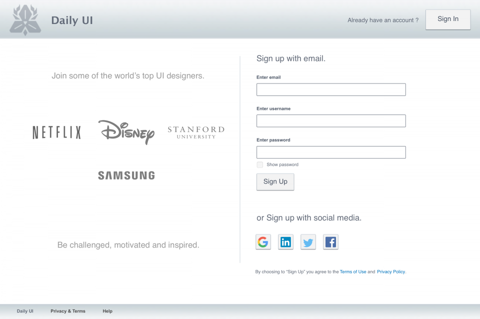 Daily UI – 001 – Sign Up Page Design